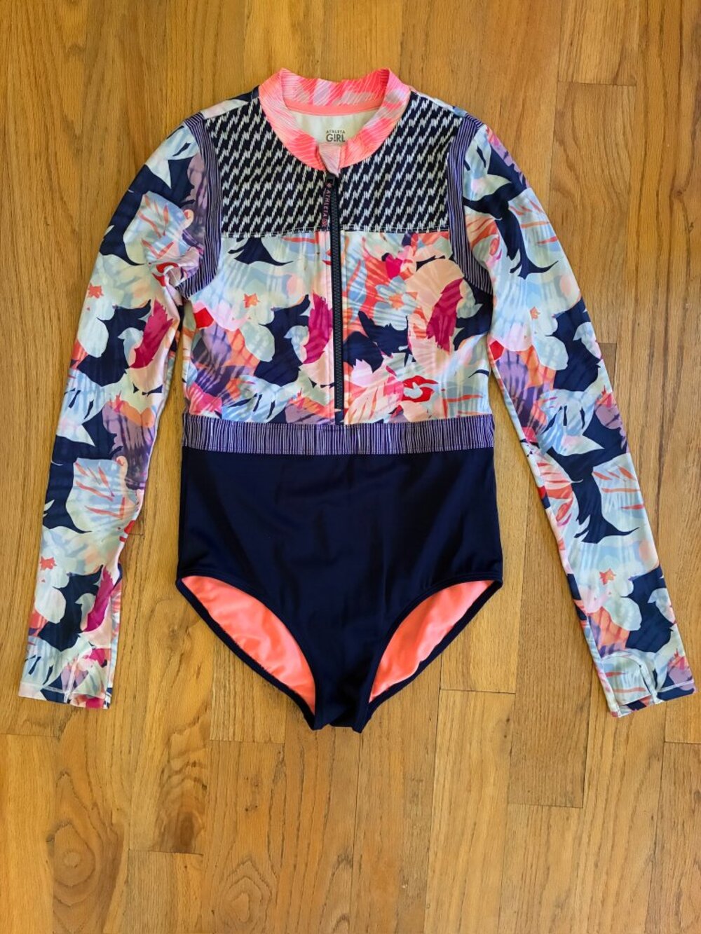 Athleta Girl Floral Long Sleeve Zip Rashguard One-Piece Swimsuit XXL (16)